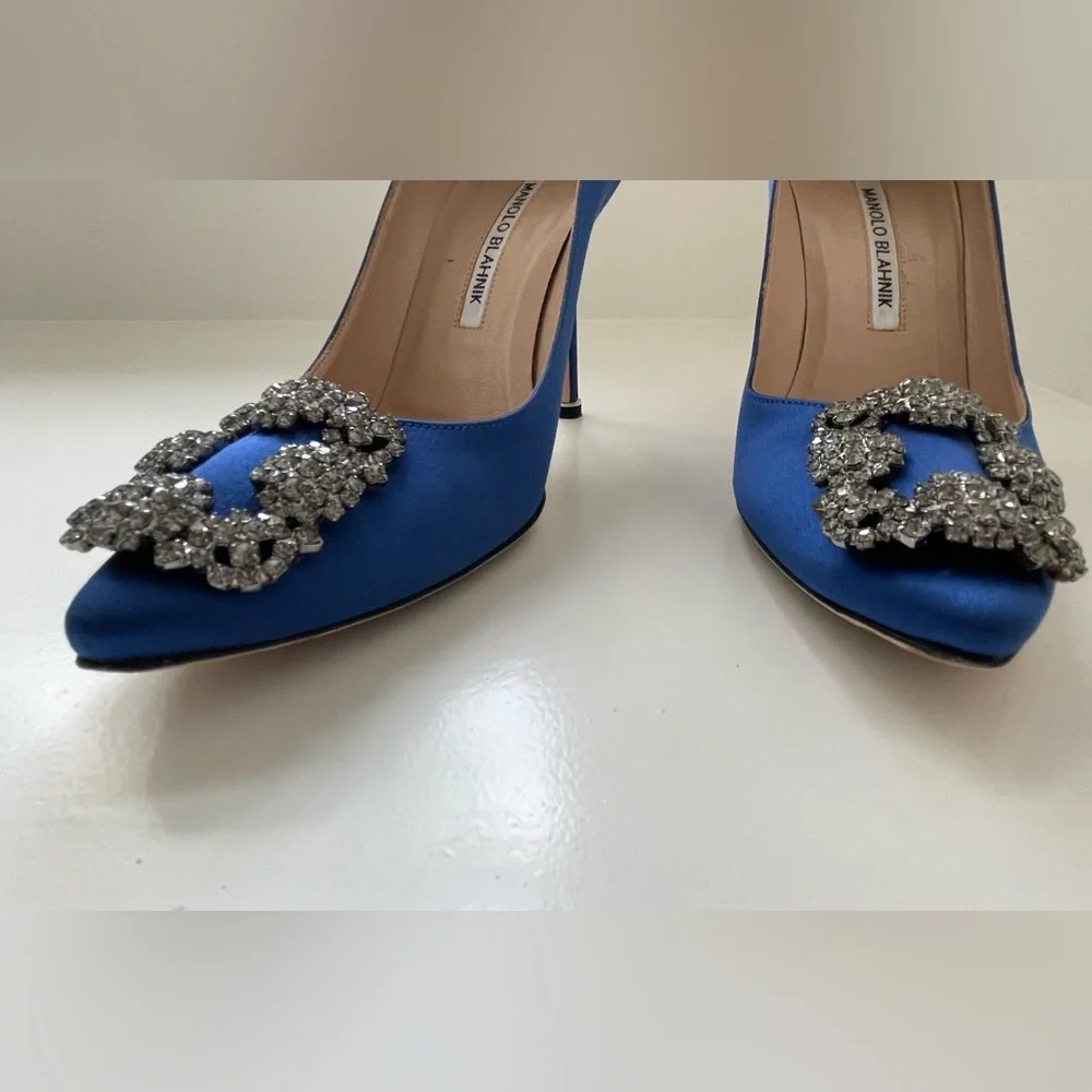 Manolo Blahnik Hangisi Blue Satin Jewel Pumps - Picture 6 of 13